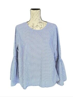 Beach Lunch Lounge Blue White Stripe Long Sleeve Blouse L